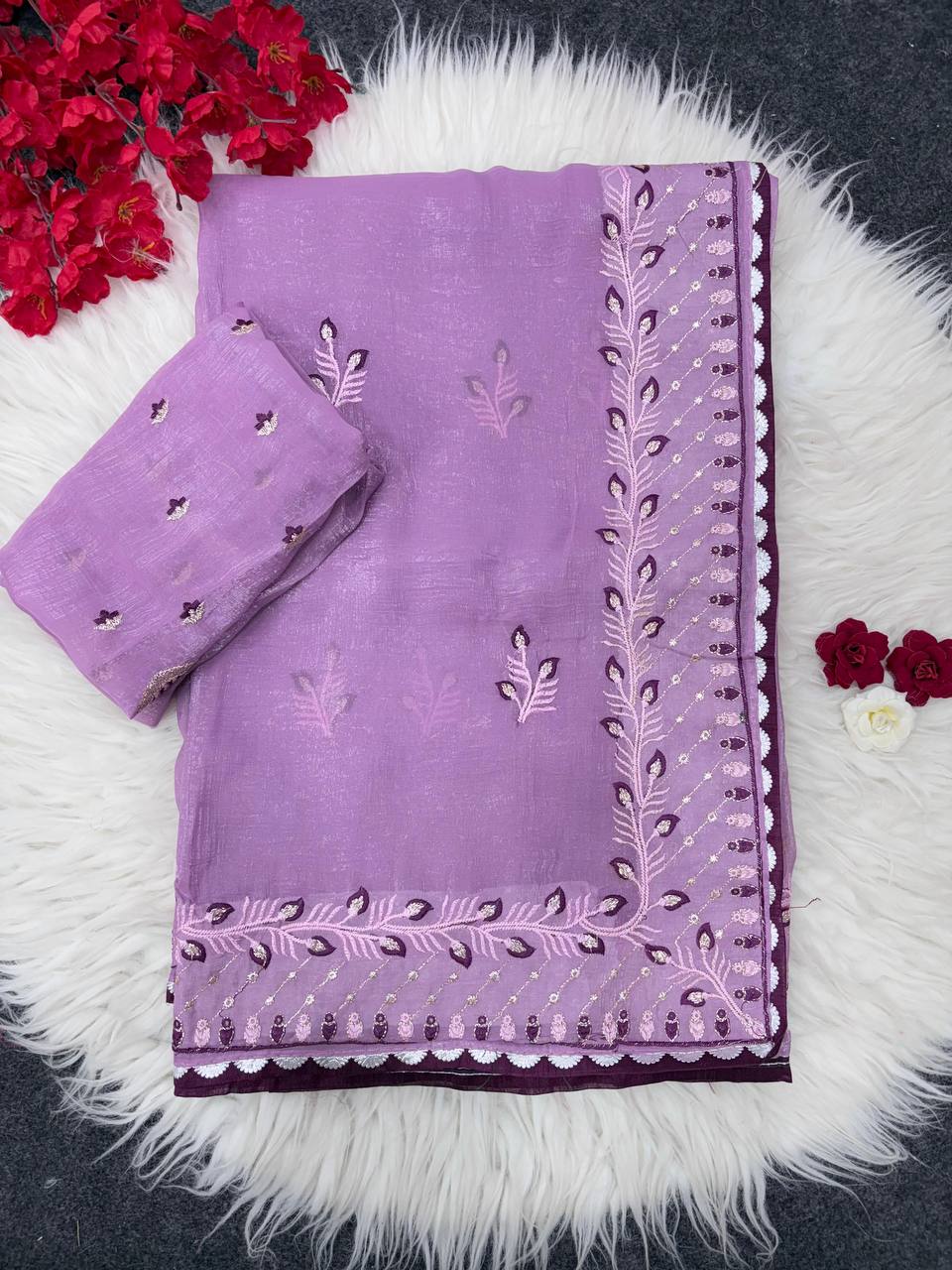 Lavender Designer Crunchy Chiffon Silk Saree