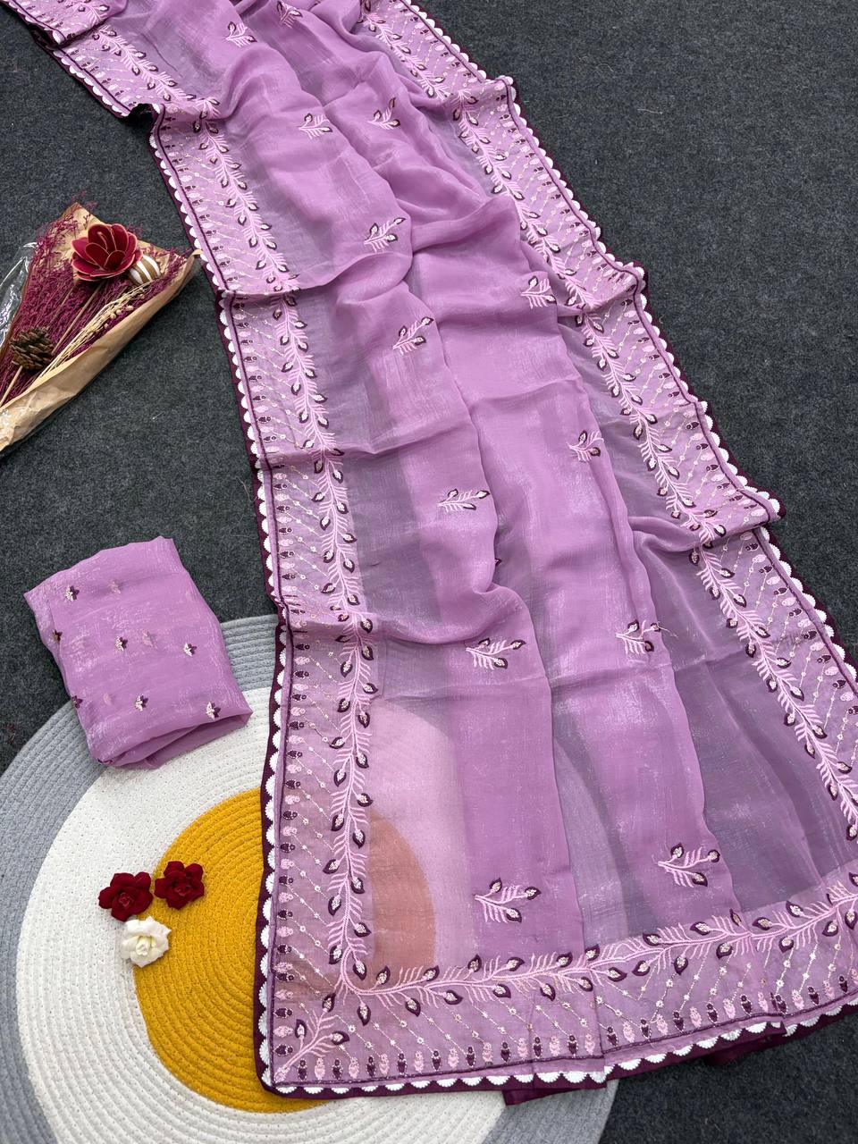 Lavender Designer Crunchy Chiffon Silk Saree