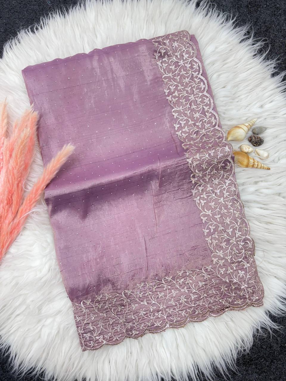 Lavender Designer Cunchy Silk Saree