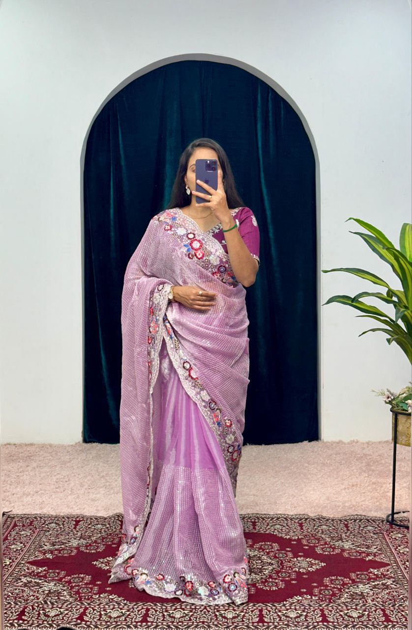 Lavender Designer Organza Silk Saree