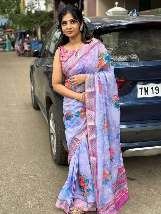 Lavender Digital Printed Linen Saree