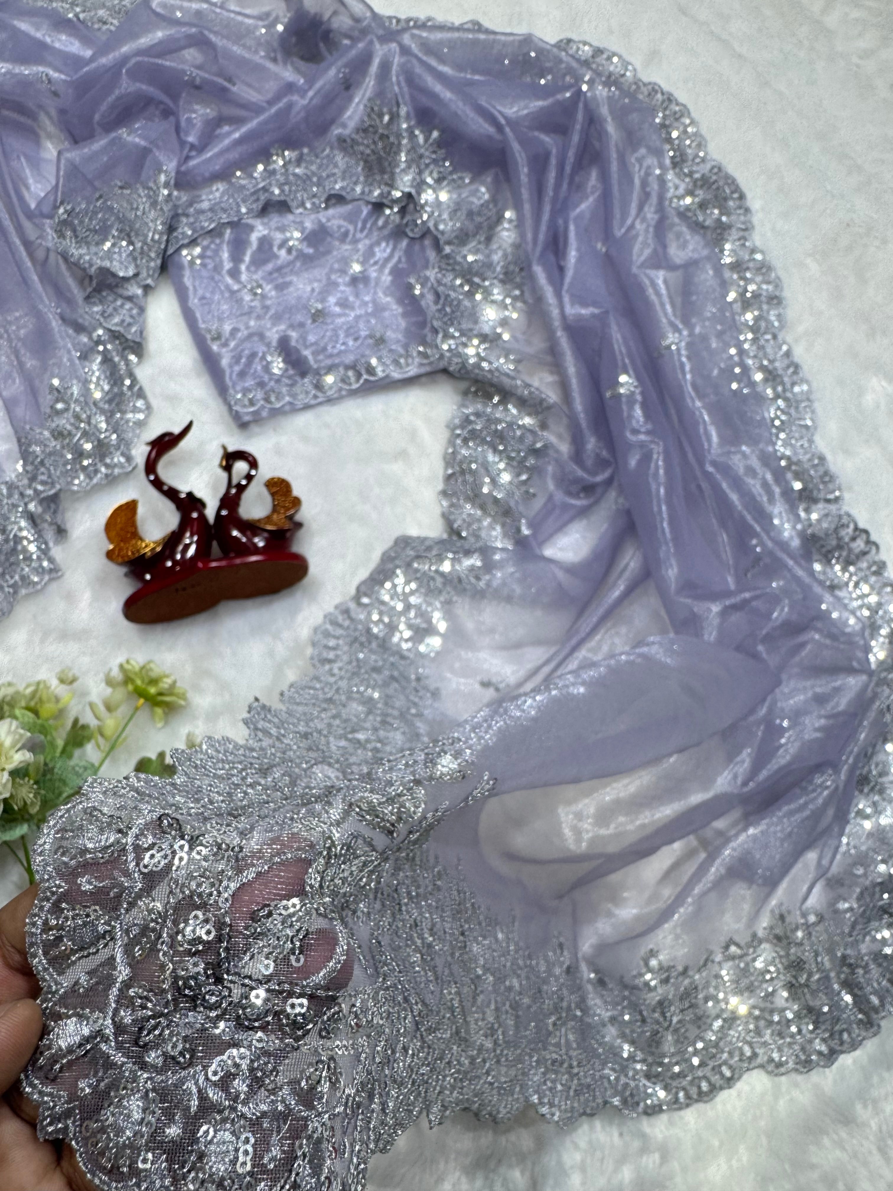 Lavender Party Wear Gold Twill Net Saree