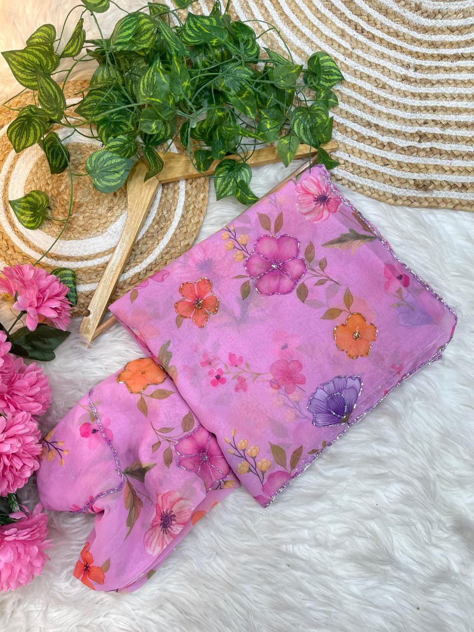 Lavender Pink Floral Printed Designer Georgette Saree