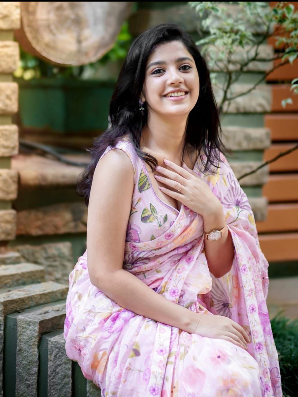 Lavender Pink Floral Printed Designer Georgette Saree