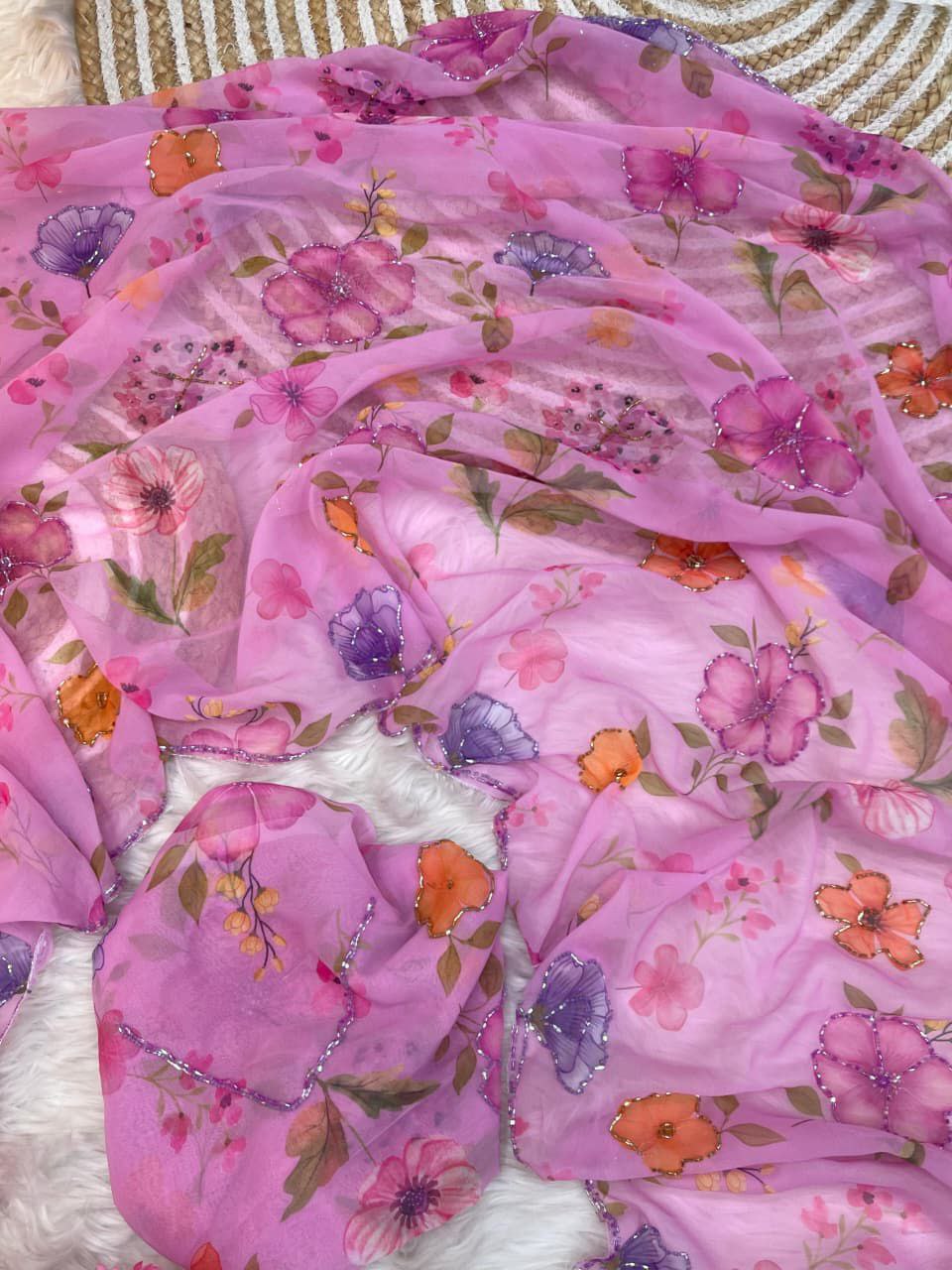 Lavender Pink Floral Printed Designer Georgette Saree