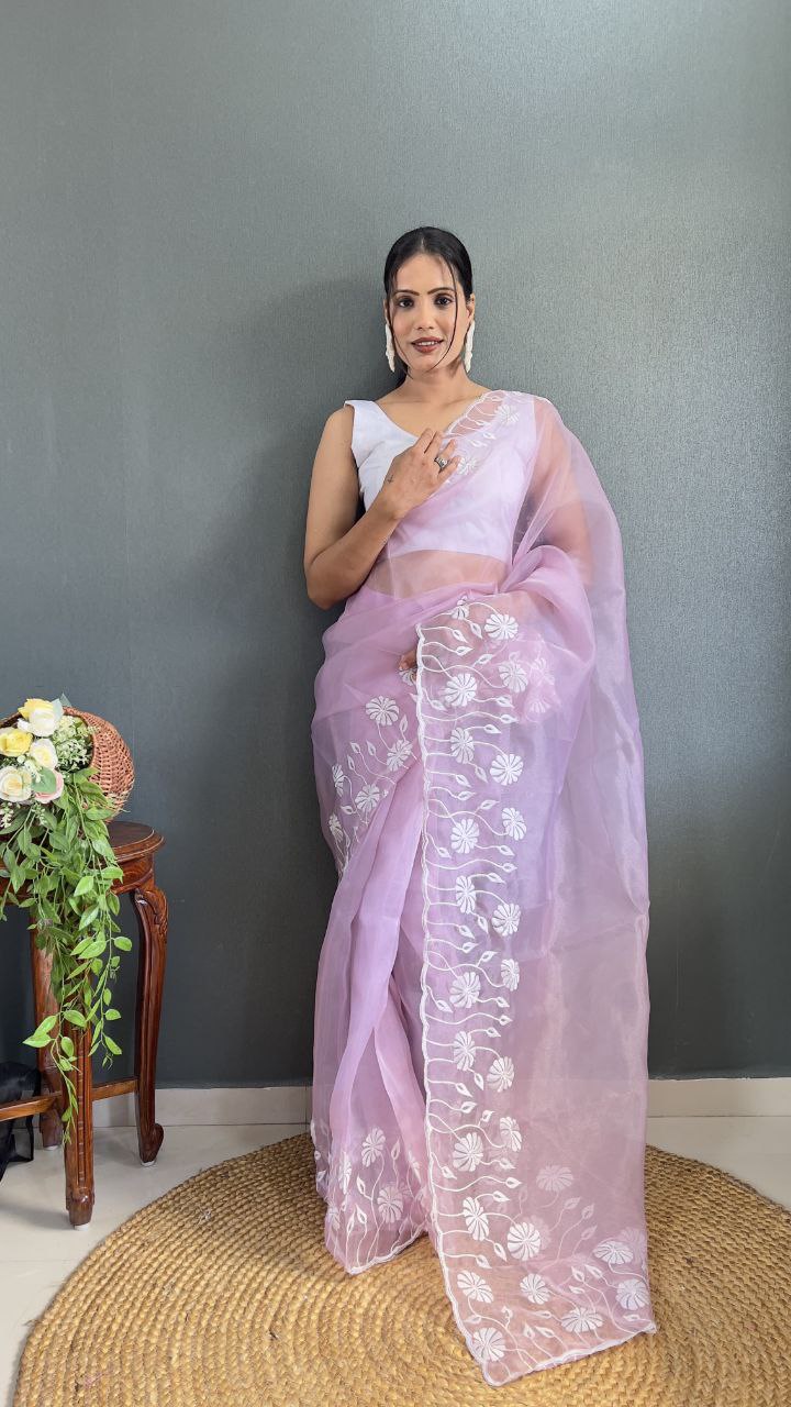 Lavender Ready Made Organza Silk Saree