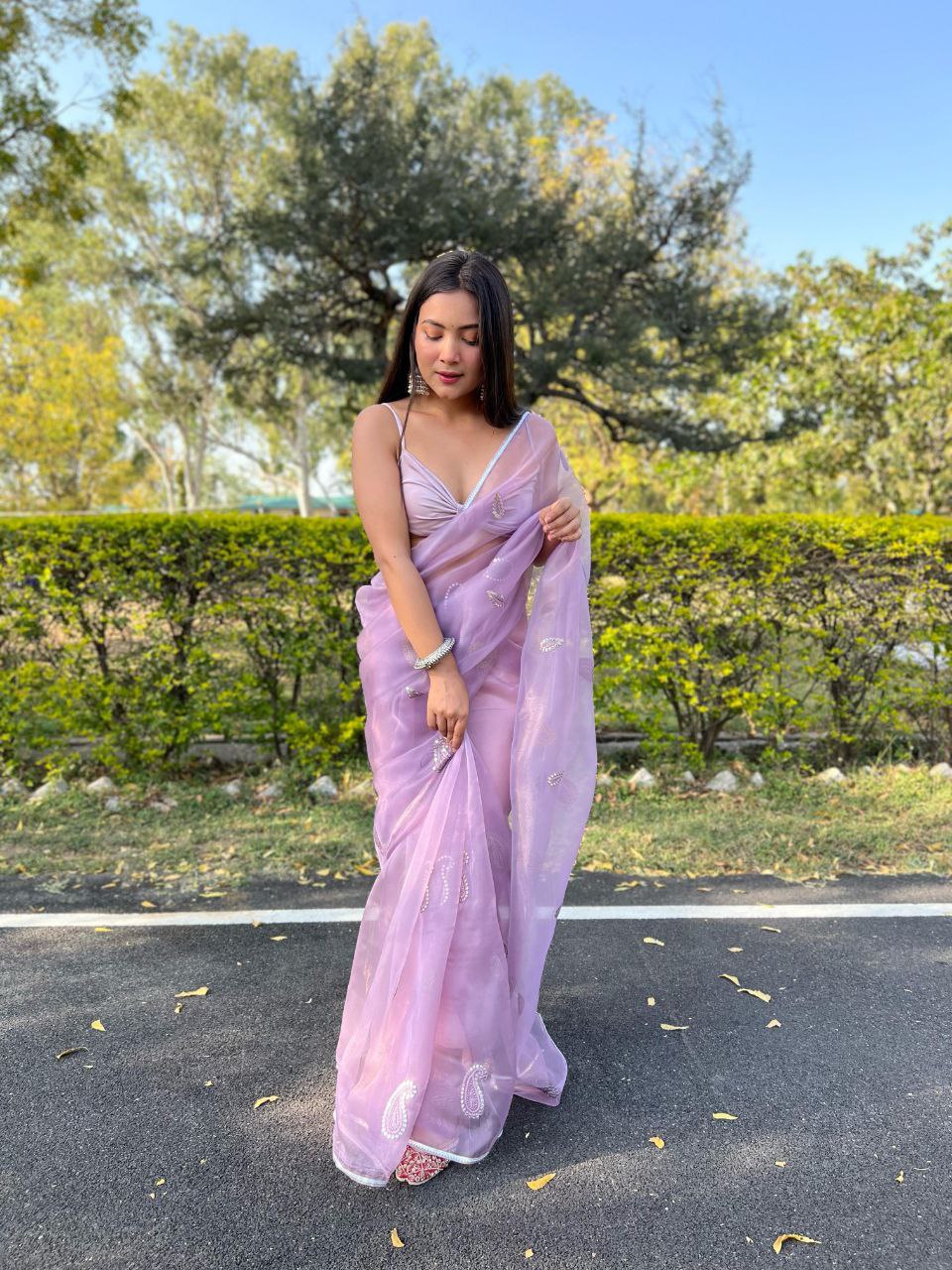 Lavender Stylish Party Wear Organza Silk Saree