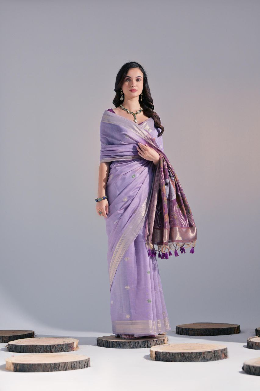 Lavender Traditional Muga Cotton Saree