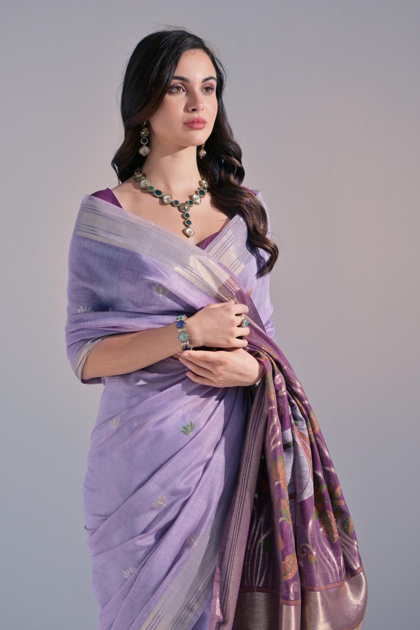 Lavender Traditional Muga Cotton Saree