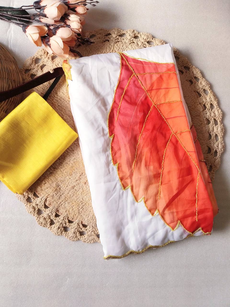 Leaf Printed Fancy Tabi Silk Saree