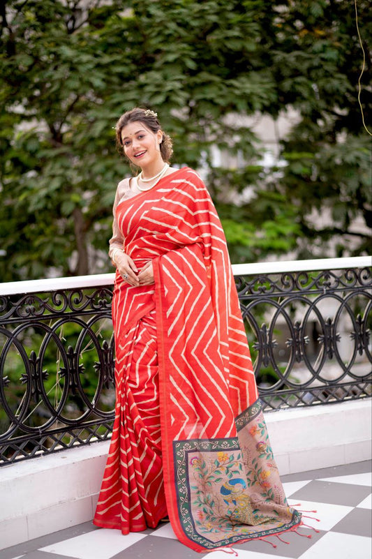 Red Leheriya Printed Tussar Silk Saree