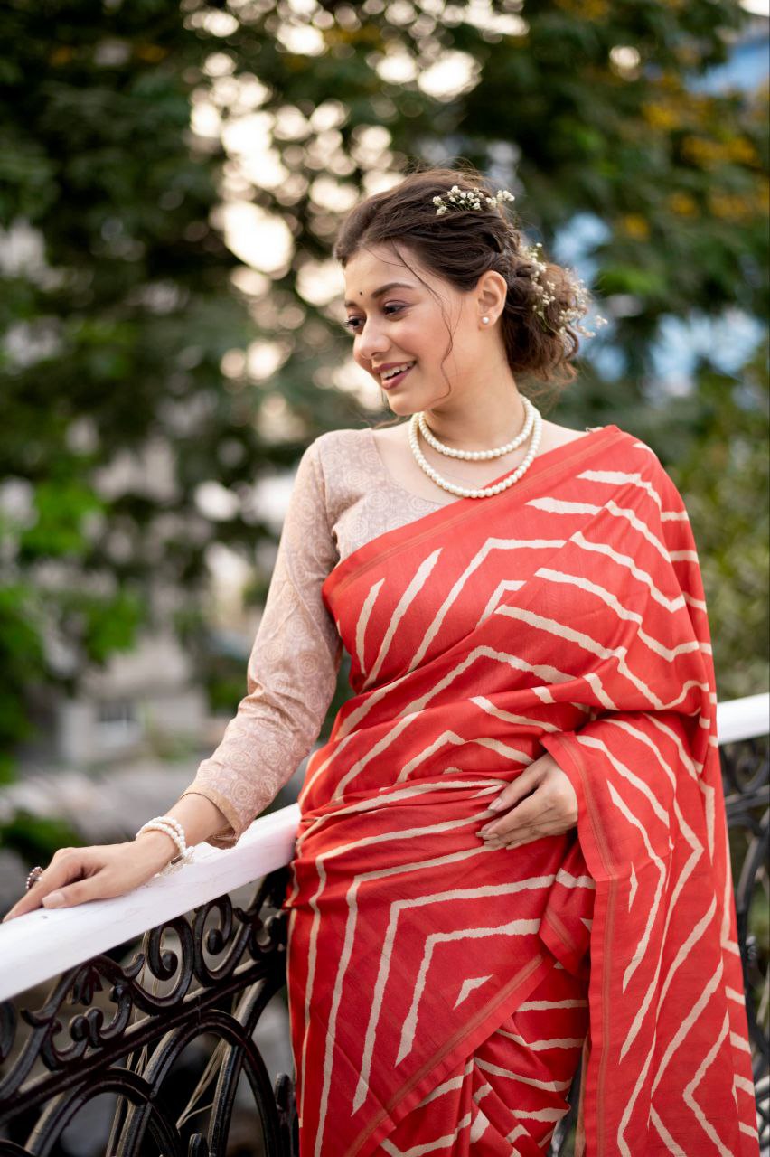 Red Leheriya Printed Tussar Silk Saree