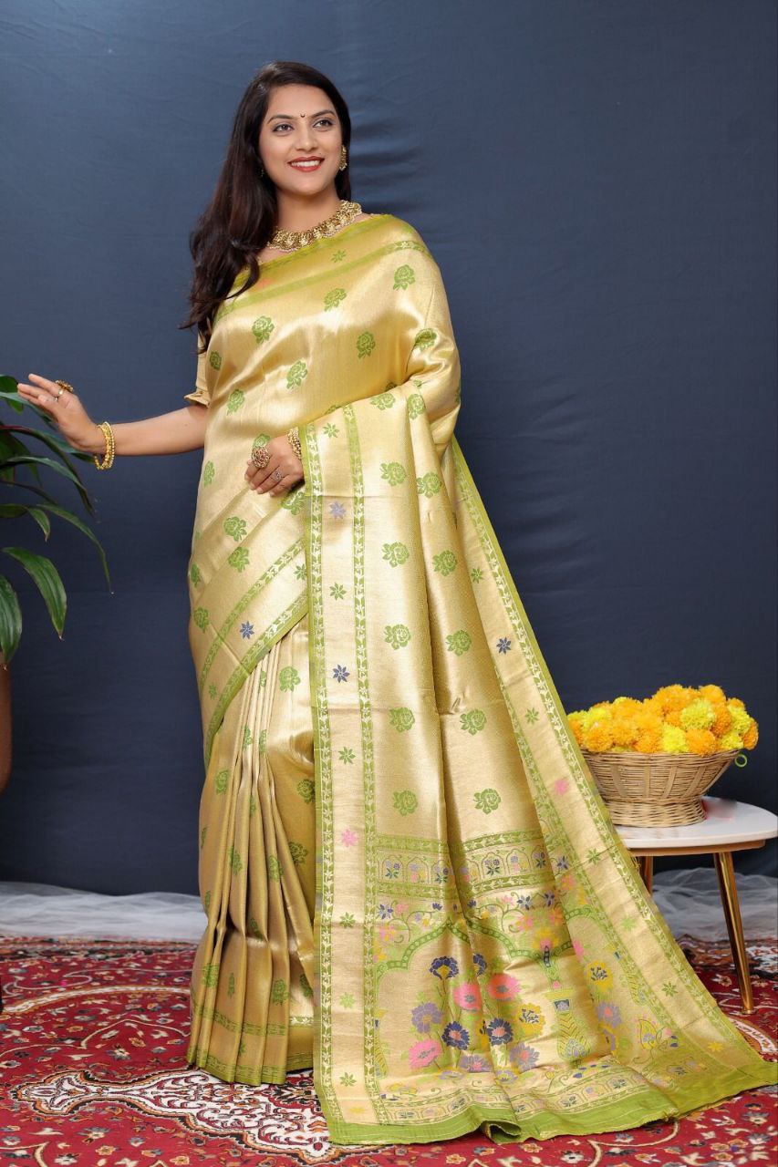 Light Olive Traditional Paithani Handloom Silk Saree