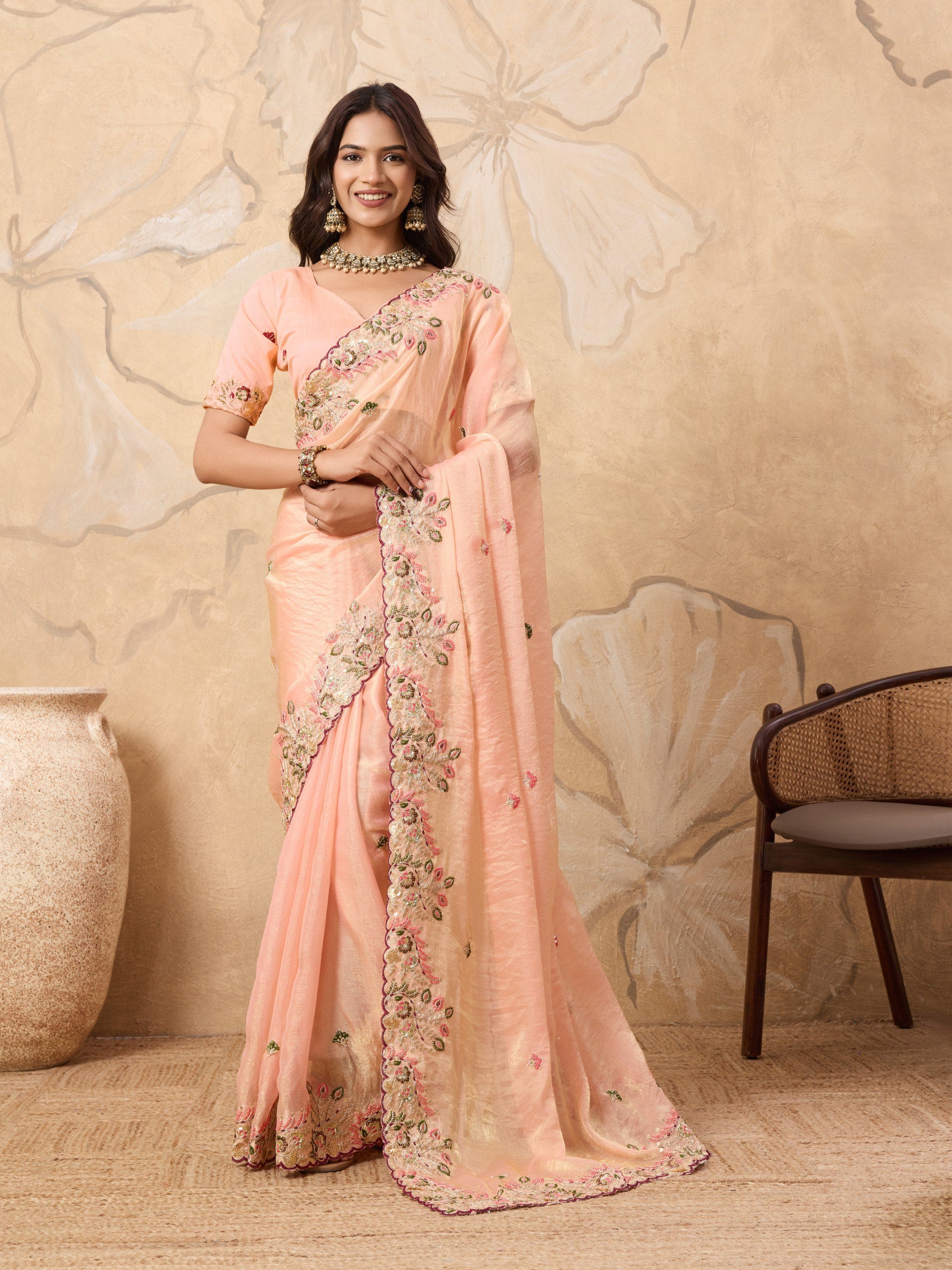 Light Peach Designer Fandy Chiffon Silk Saree