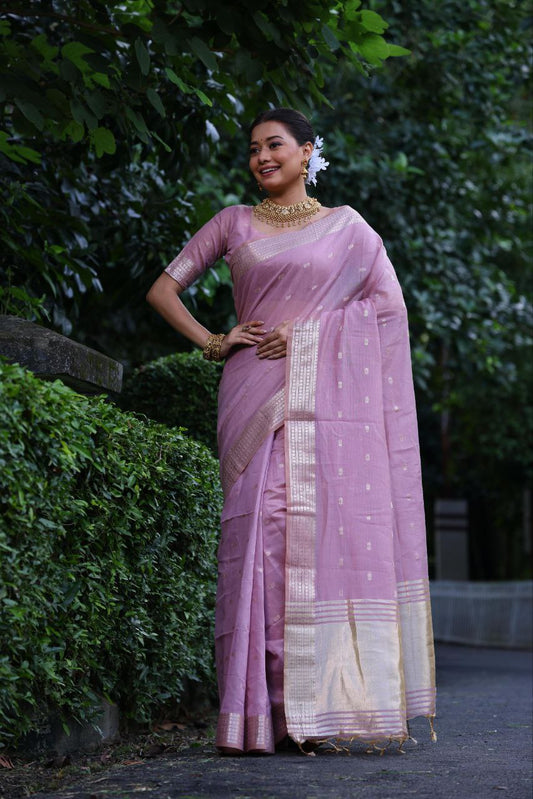 Lilac Maheshwari Tissue Silk Weaving Saree