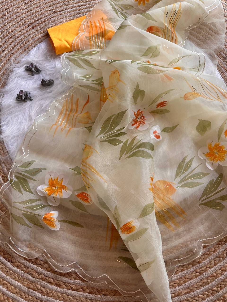 Lime Yellow Floral Handprinted Organza Silk Saree