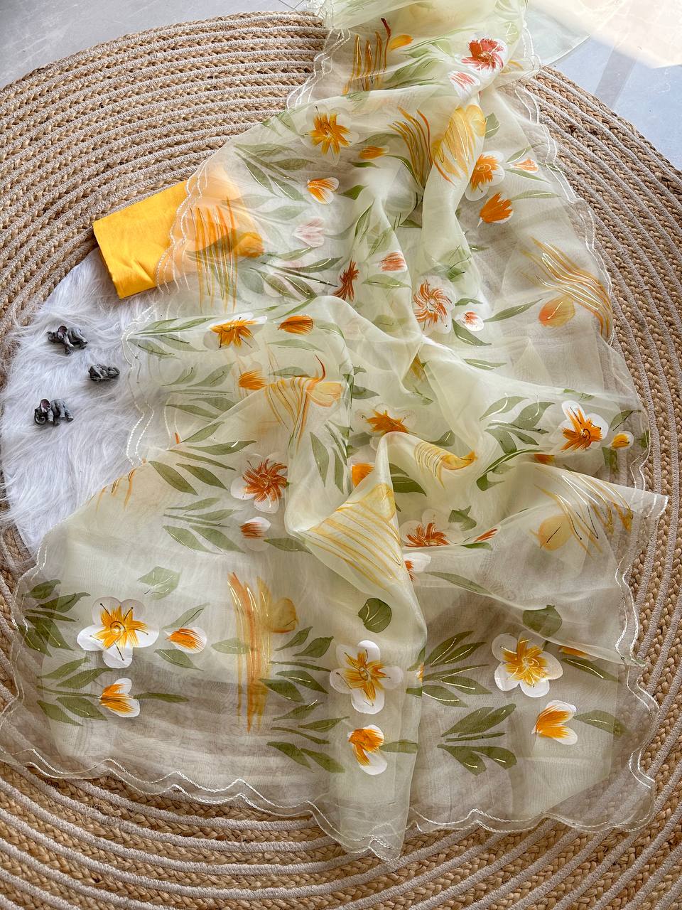 Lime Yellow Floral Handprinted Organza Silk Saree