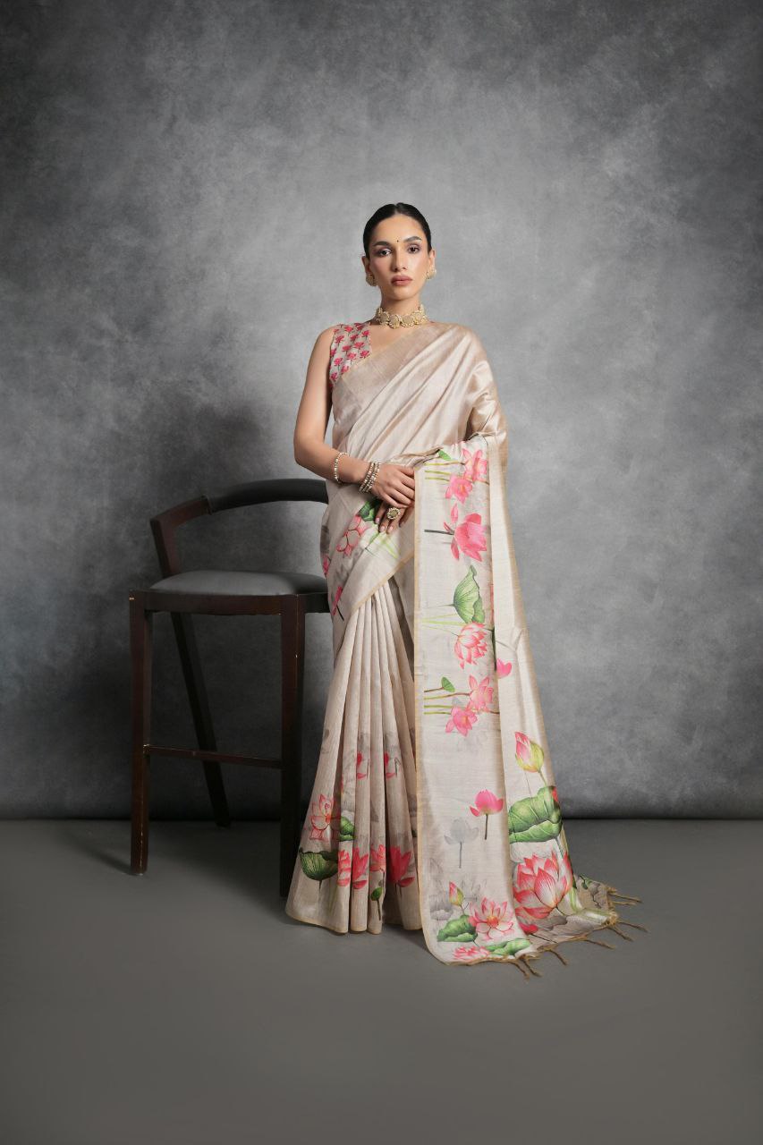 Lotus Printed Tussar Silk Saree