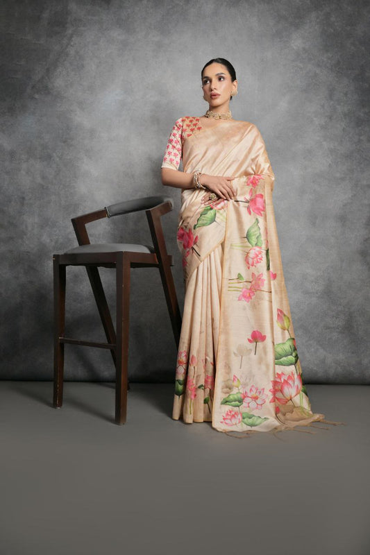 Lotus Printed Tussar Silk Saree