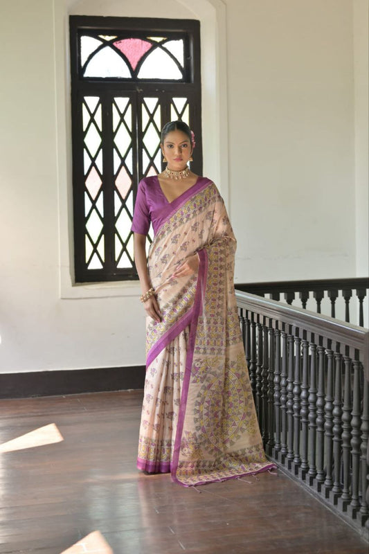 Madhubani Printed Tussar Silk Saree