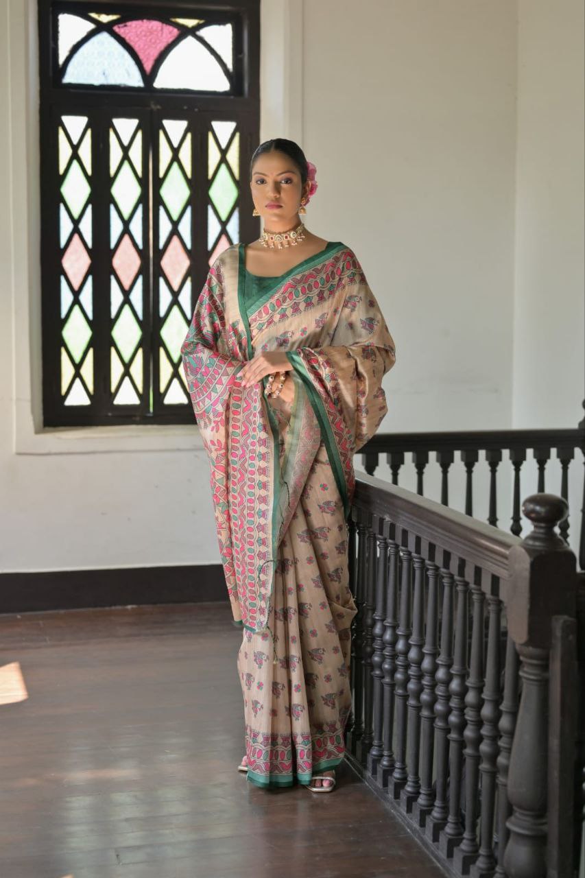 Madhubani Printed Tussar Silk Saree