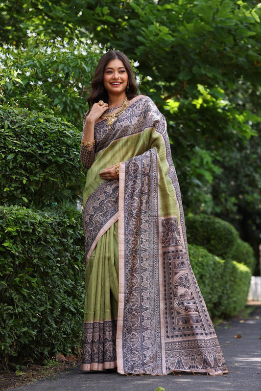 Mehendi Madhubani Printed Tussar Silk Saree