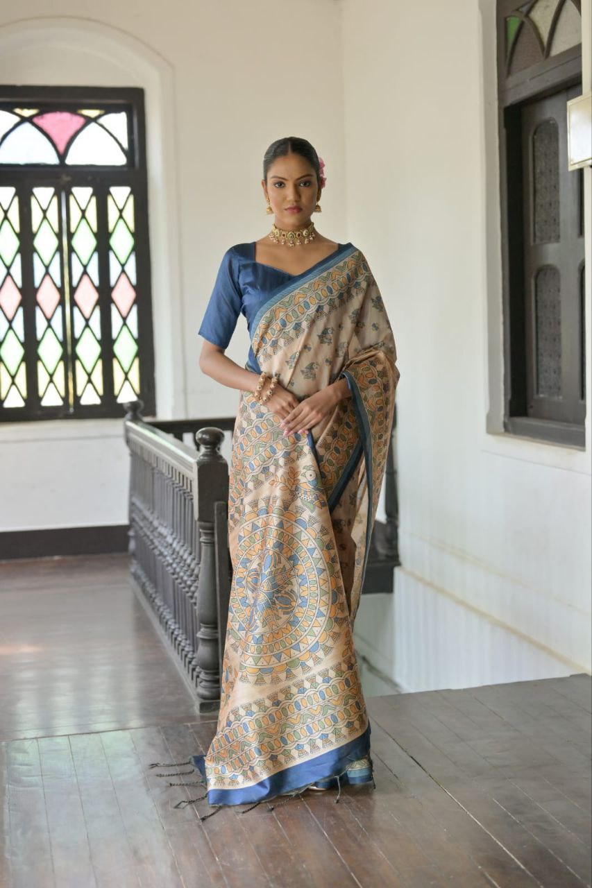 Madhubani Printed Tussar Silk Saree