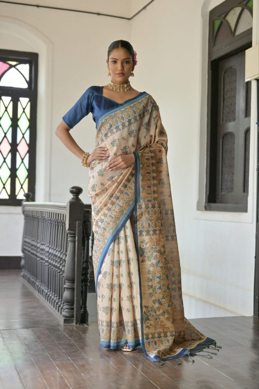 Madhubani Printed Tussar Silk Saree