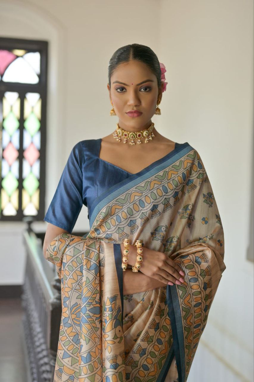 Madhubani Printed Tussar Silk Saree