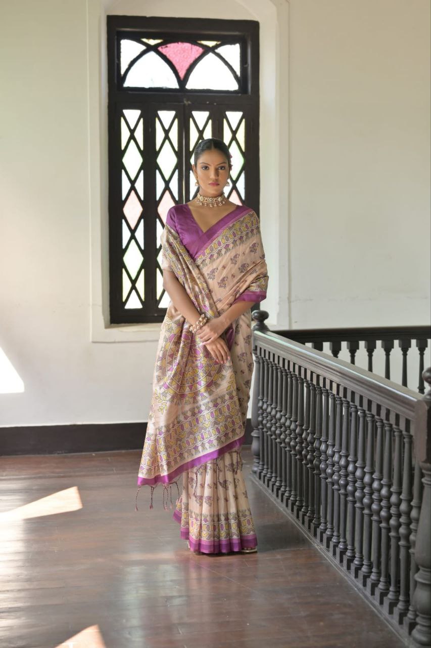 Madhubani Printed Tussar Silk Saree