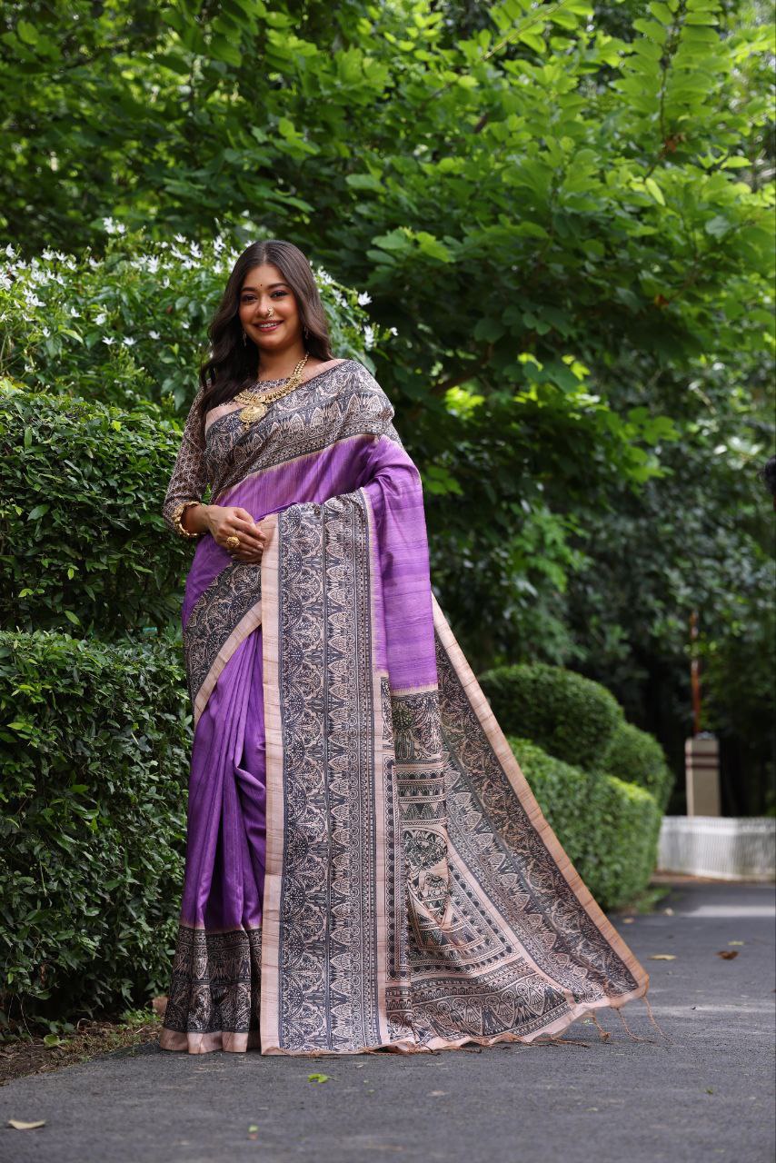 Purple Madhubani Printed Tussar Silk Saree