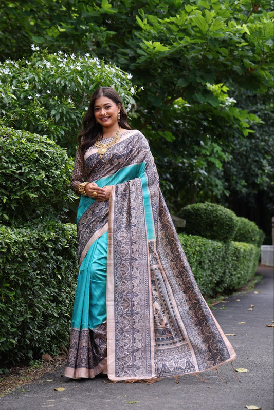 Aqua Madhubani Printed Tussar Silk Saree