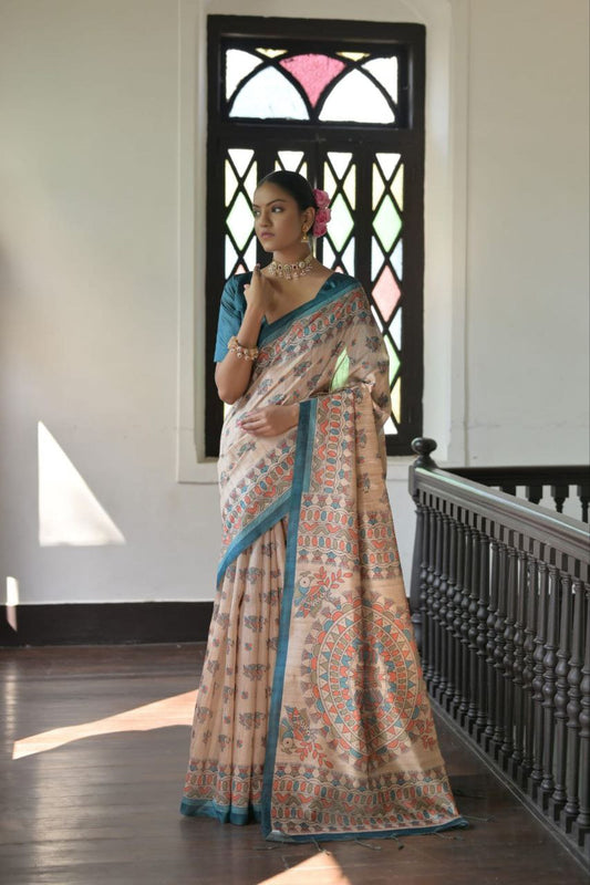 Madhubani Printed Tussar Silk Saree