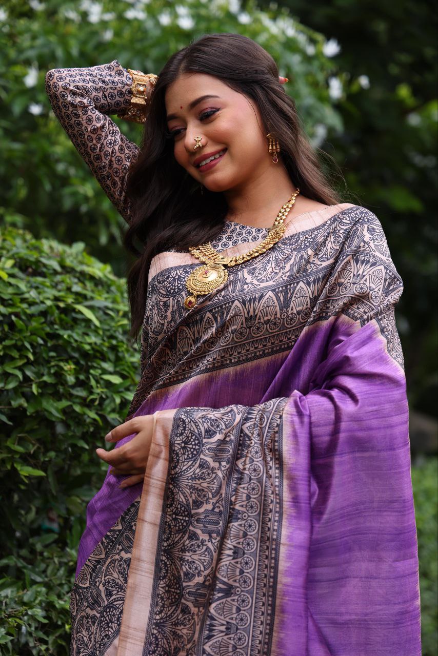 Purple Madhubani Printed Tussar Silk Saree