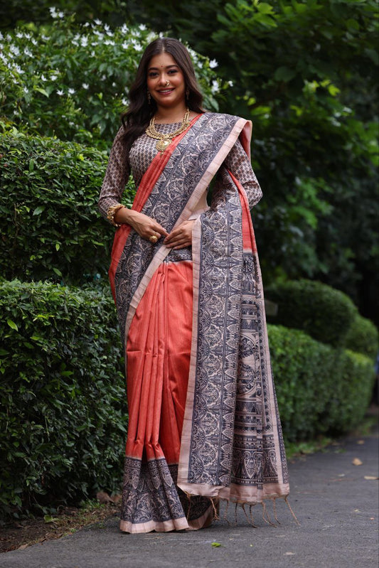 Madhubani Printed Tussar Silk Saree