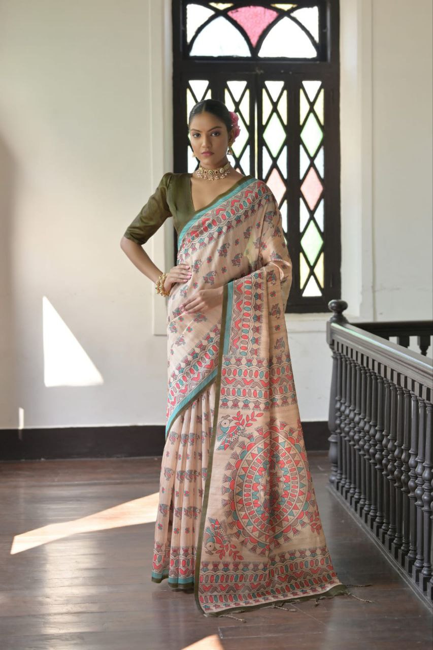 Madhubani Printed Tussar Silk Saree