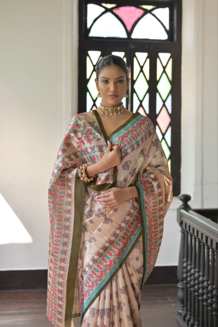 Madhubani Printed Tussar Silk Saree