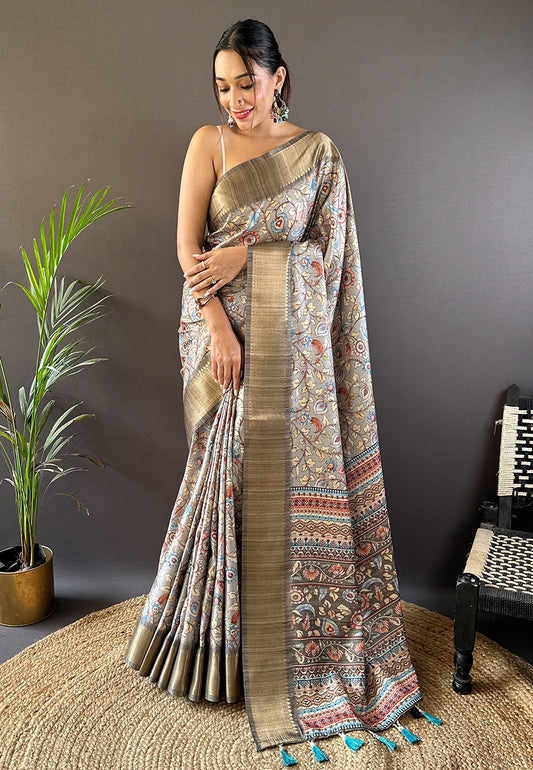 Madhubani print Tussar Silk Saree