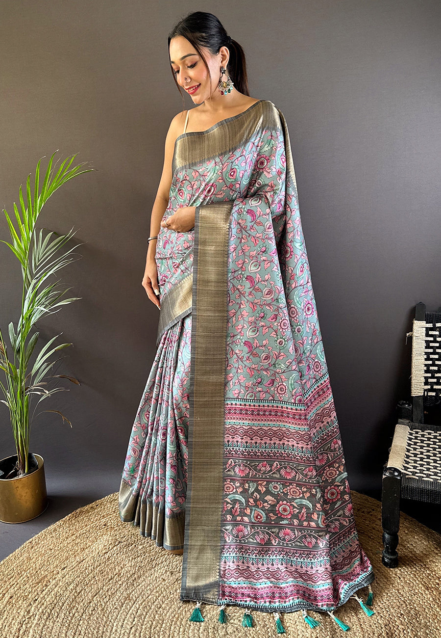 Madhubani print Tussar Silk Saree