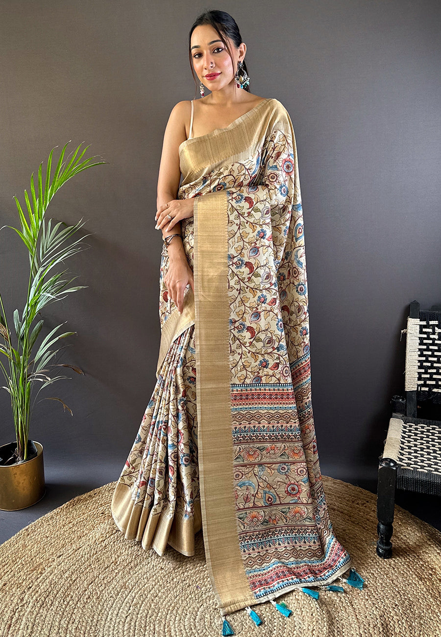 Madhubani print Tussar Silk Saree