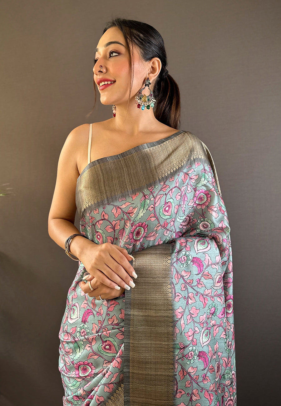 Madhubani print Tussar Silk Saree