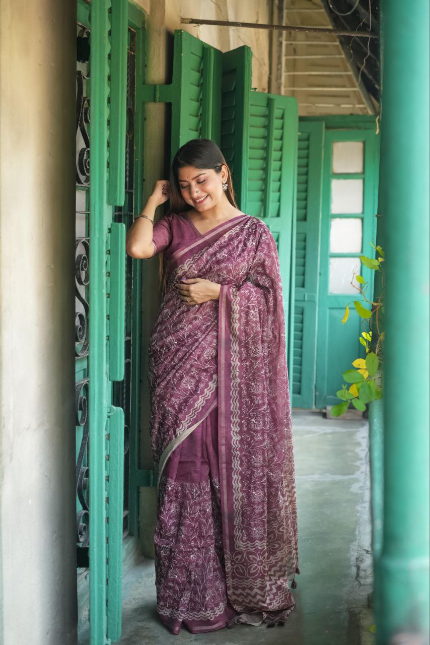 Magenta Batik Printed Tussar Silk Saree