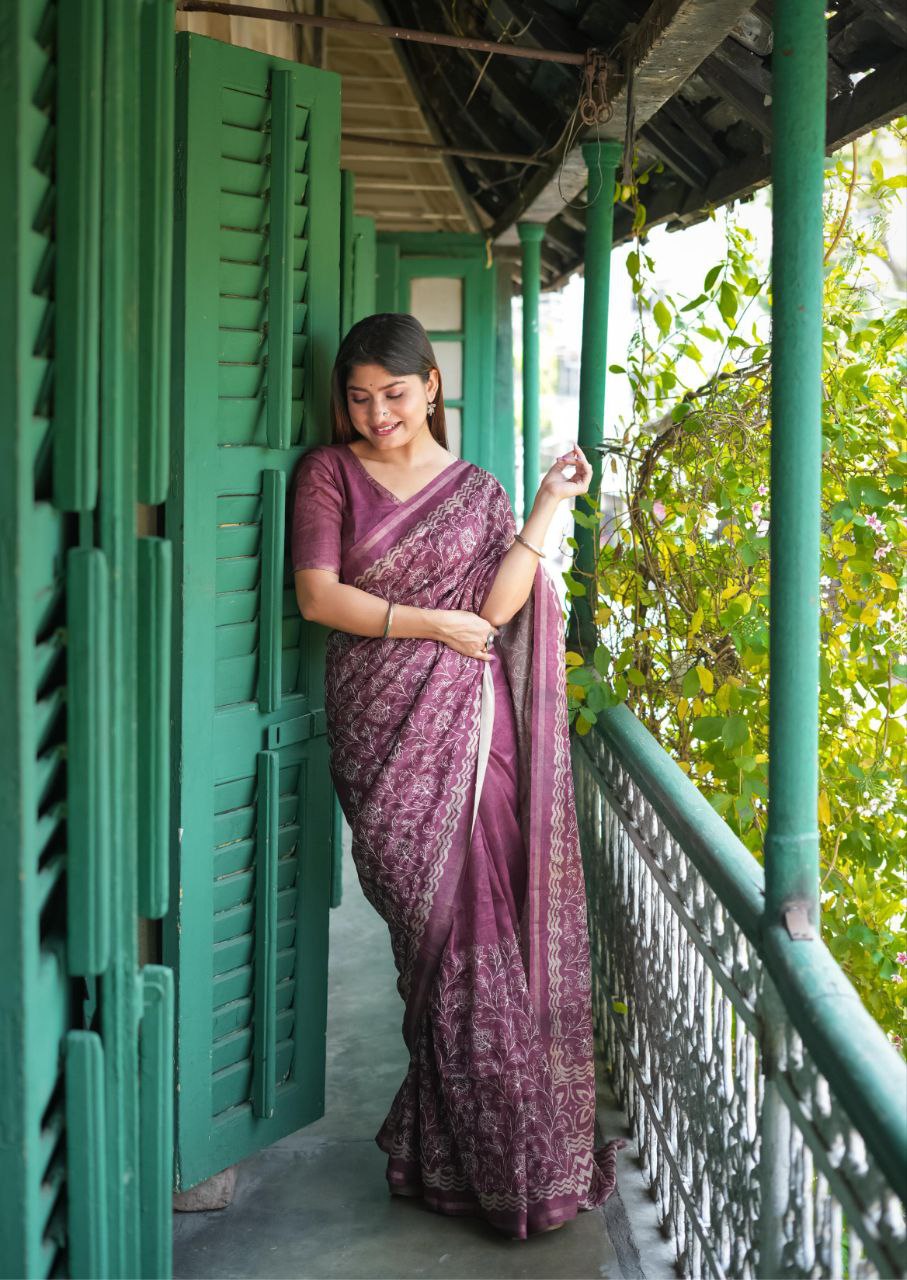 Magenta Batik Printed Tussar Silk Saree