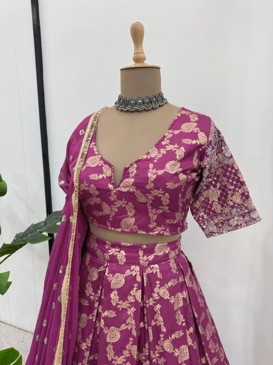 Magenta Designer Jacquard Lehenga