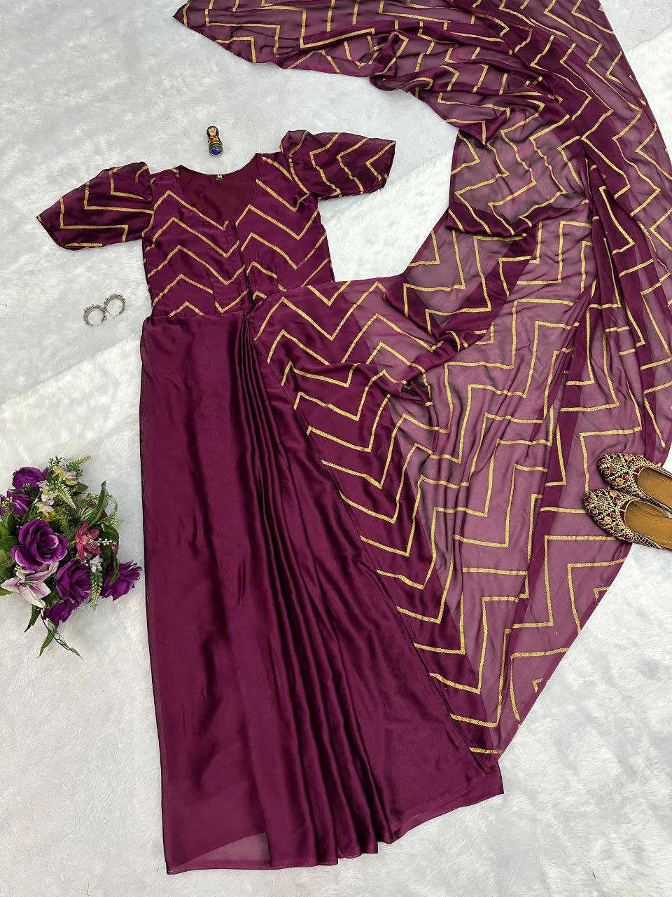 Magenta Designer Rangoli Silk Gown Saree