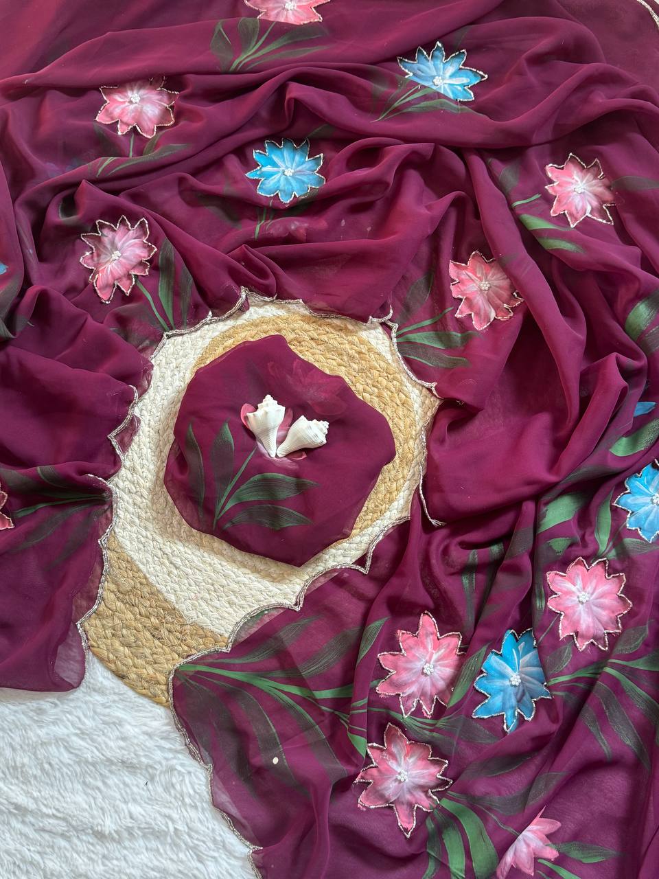 Magenta Hand Printed Georgette Saree