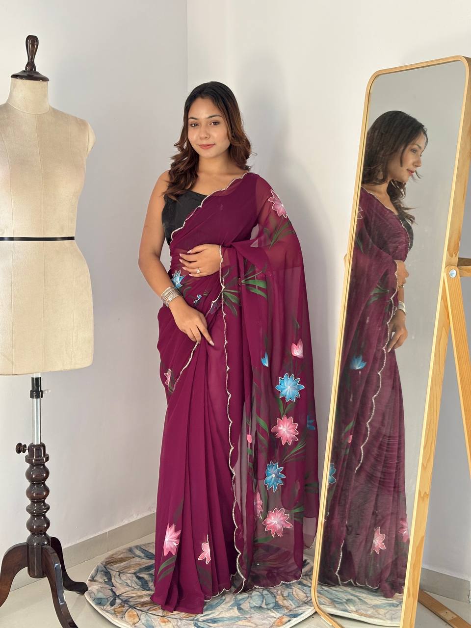 Magenta Hand Printed Georgette Saree