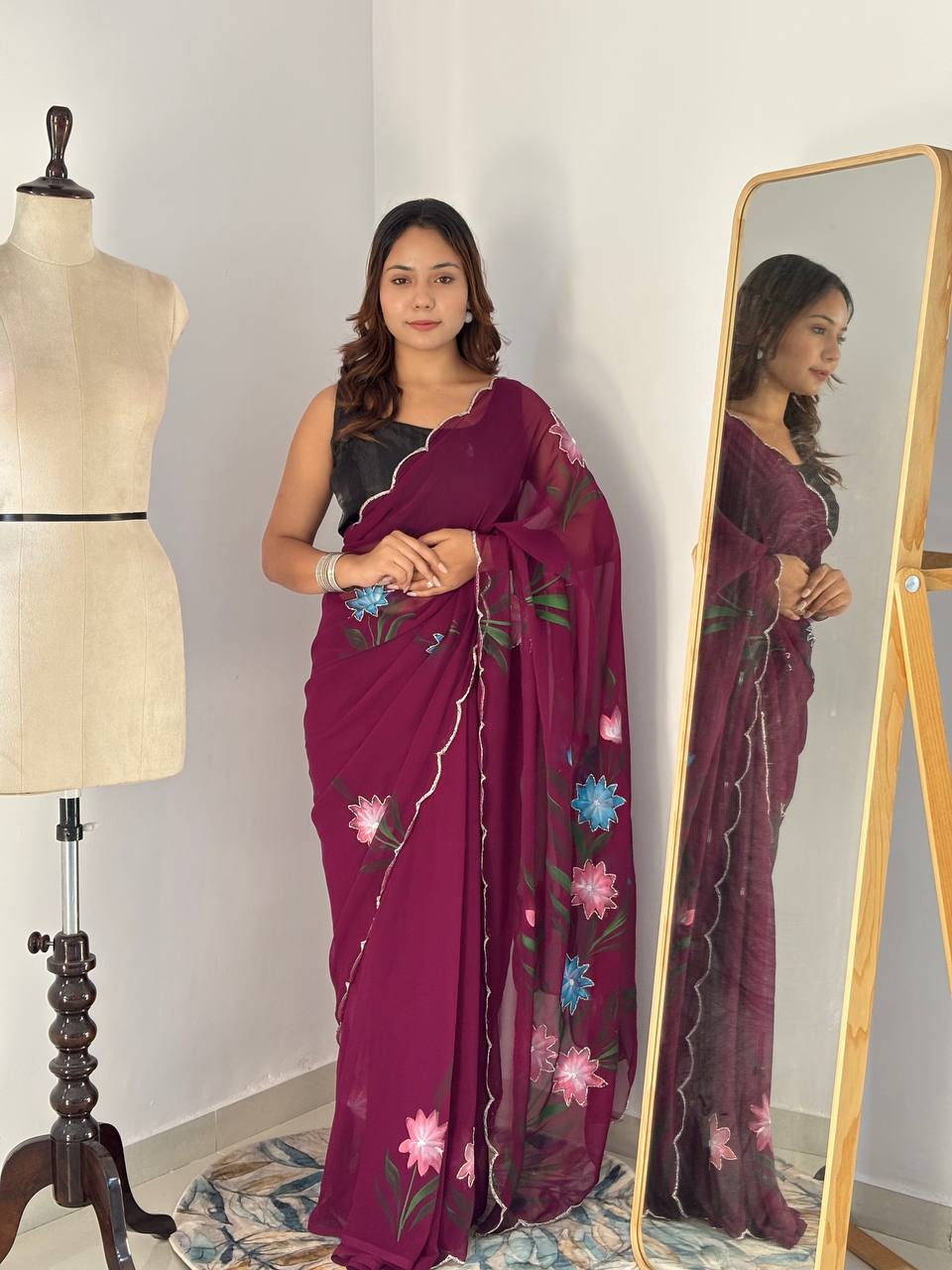 Magenta Hand Printed Georgette Saree