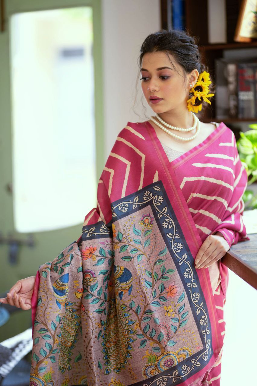 Magenta Leheriya Printed Tussar Silk Saree