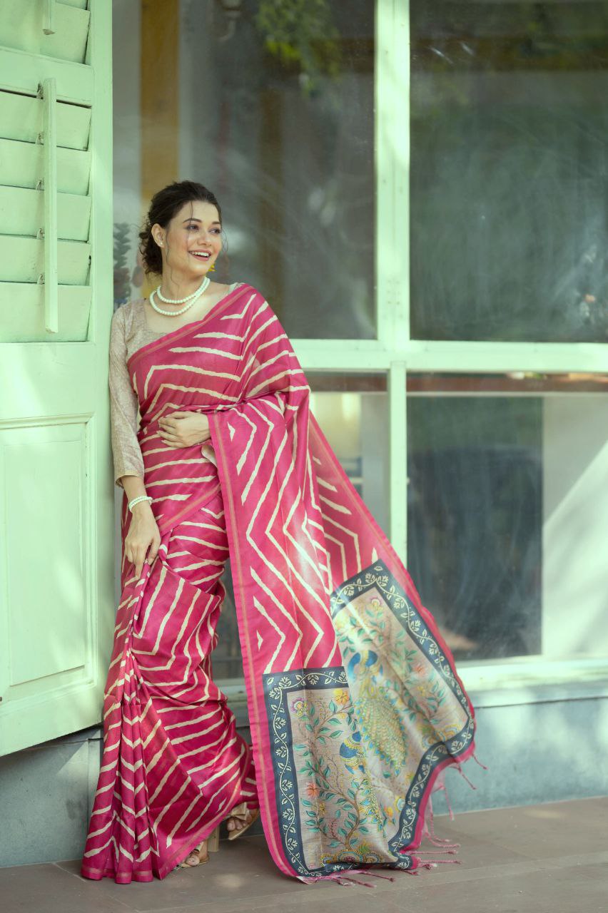 Magenta Leheriya Printed Tussar Silk Saree